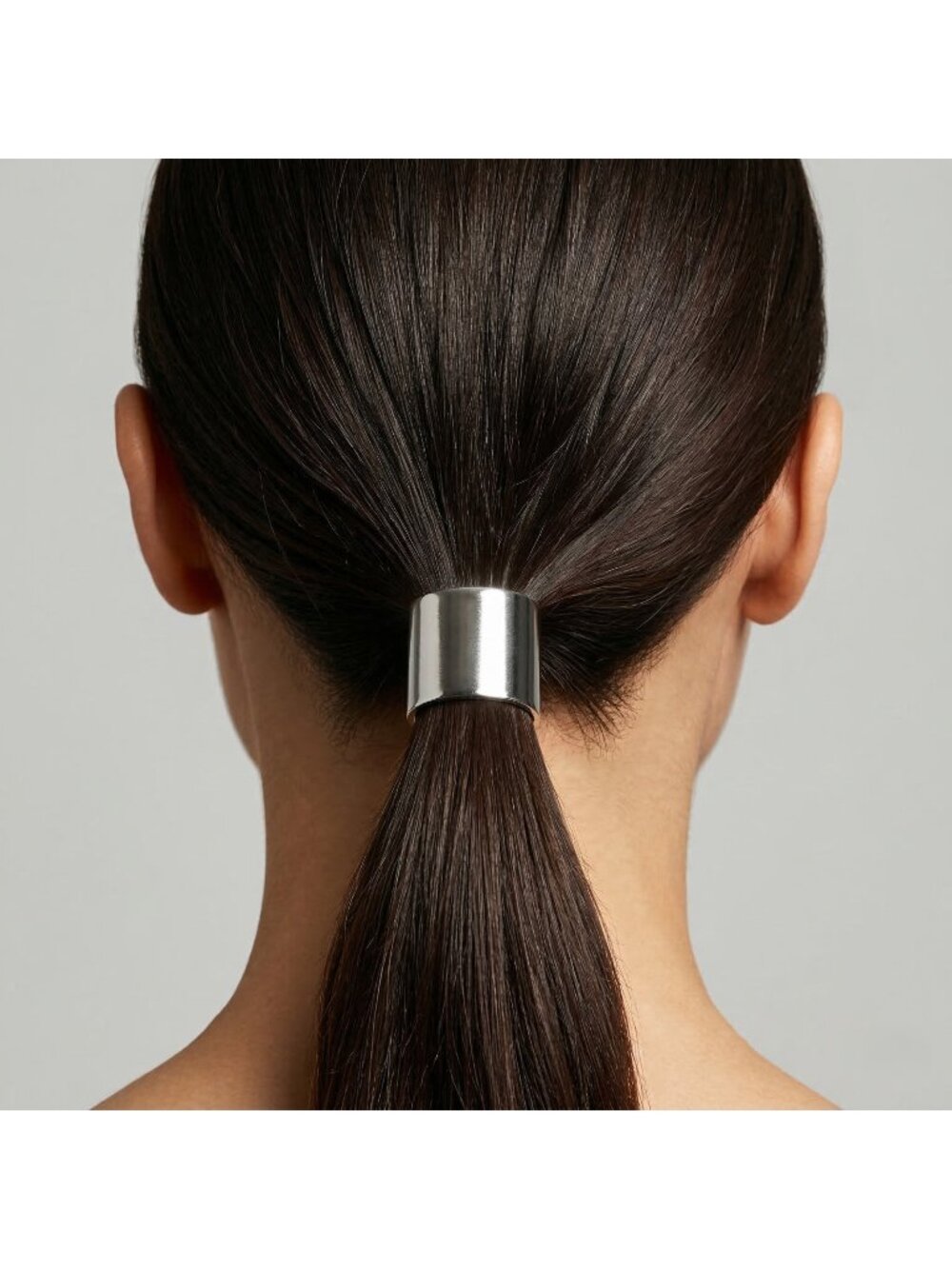 Silver Metal Hair Cuff Ponytail Holder with Black Elastic NEW Without Package